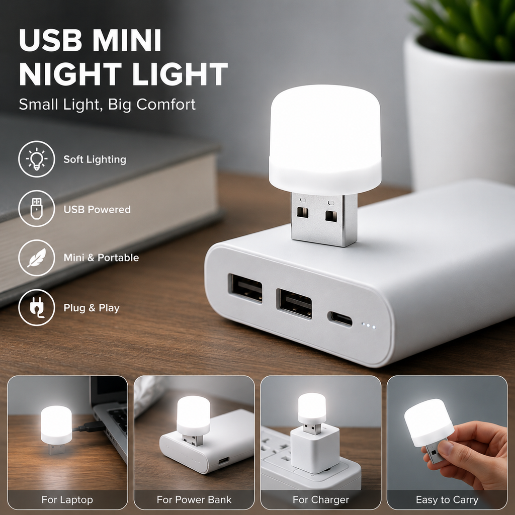USB Mini Night Light – Portable Soft White LED Lamp