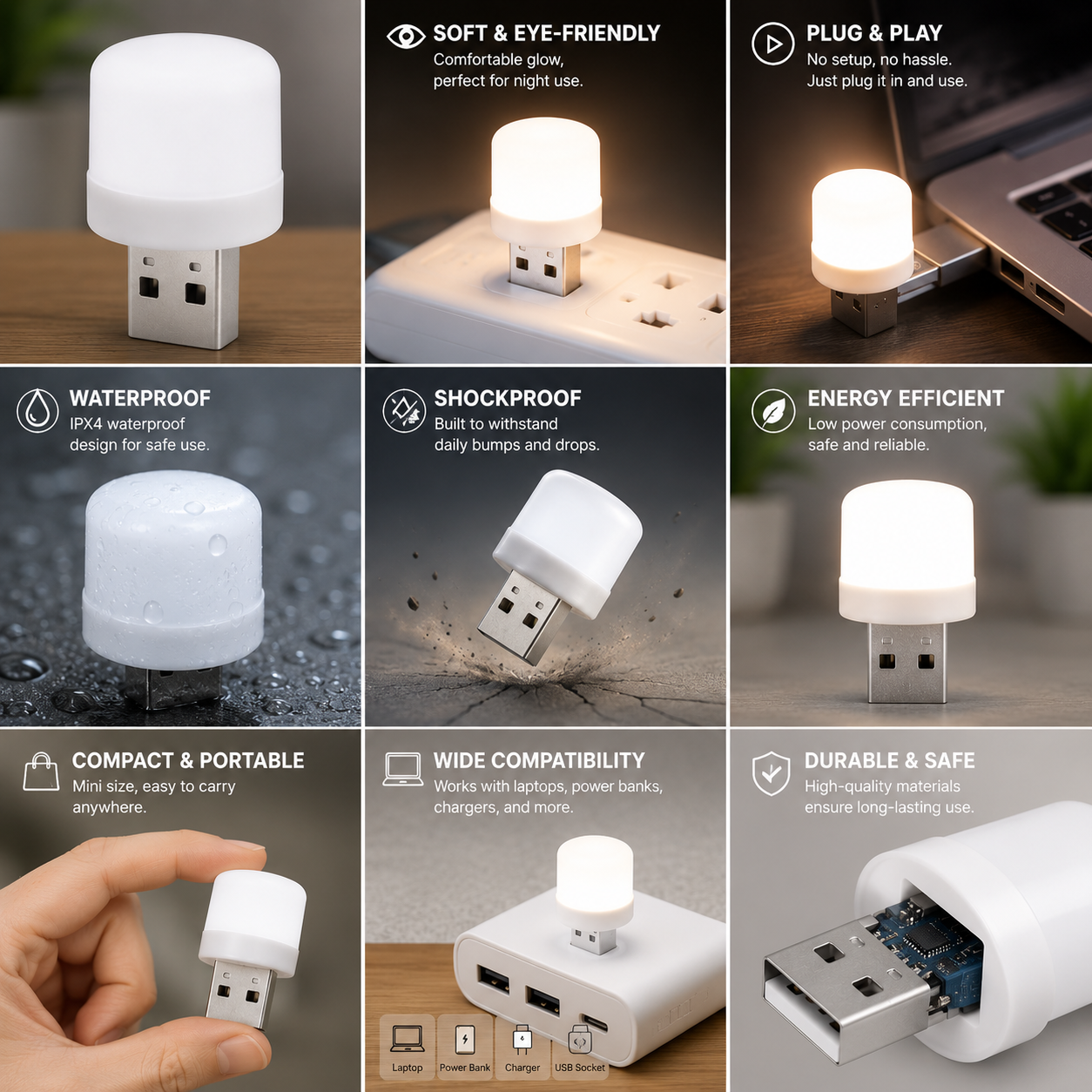 USB Mini Night Light – Portable Soft White LED Lamp